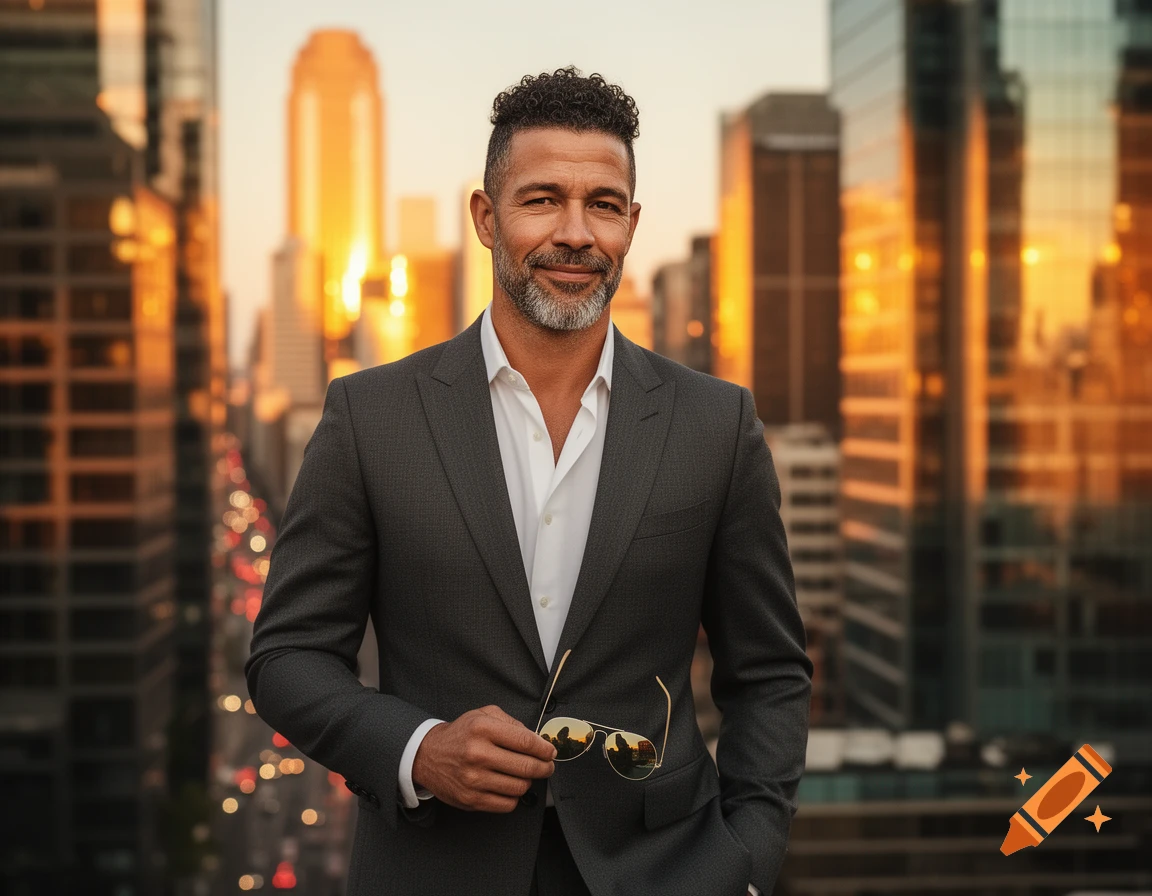Smiling man in a charcoal suit, holding sunglasses, stands on a rooftop with a blurred city skyline at sunset behind him.