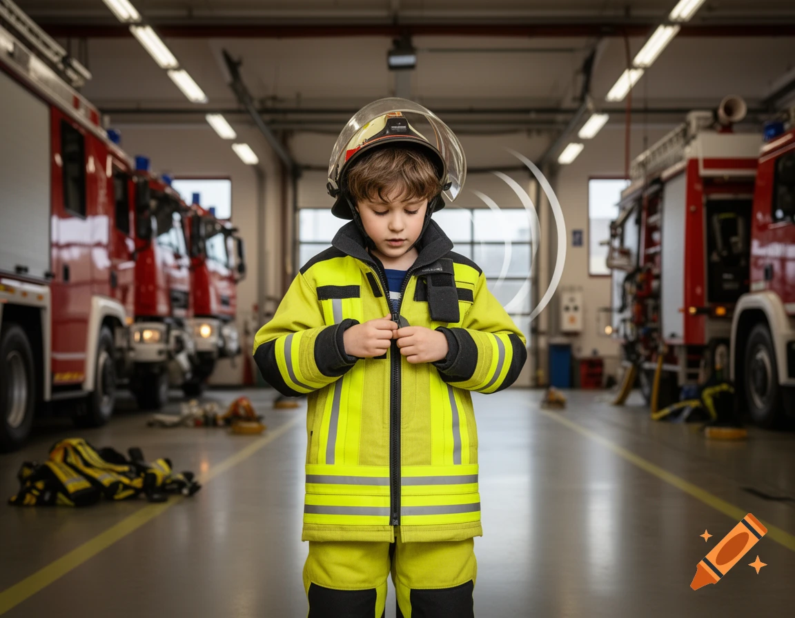 A young boy in a full yellow firefighter uniform and helmet zips up his jacket, standing in a fire station with red fire trucks in the background.