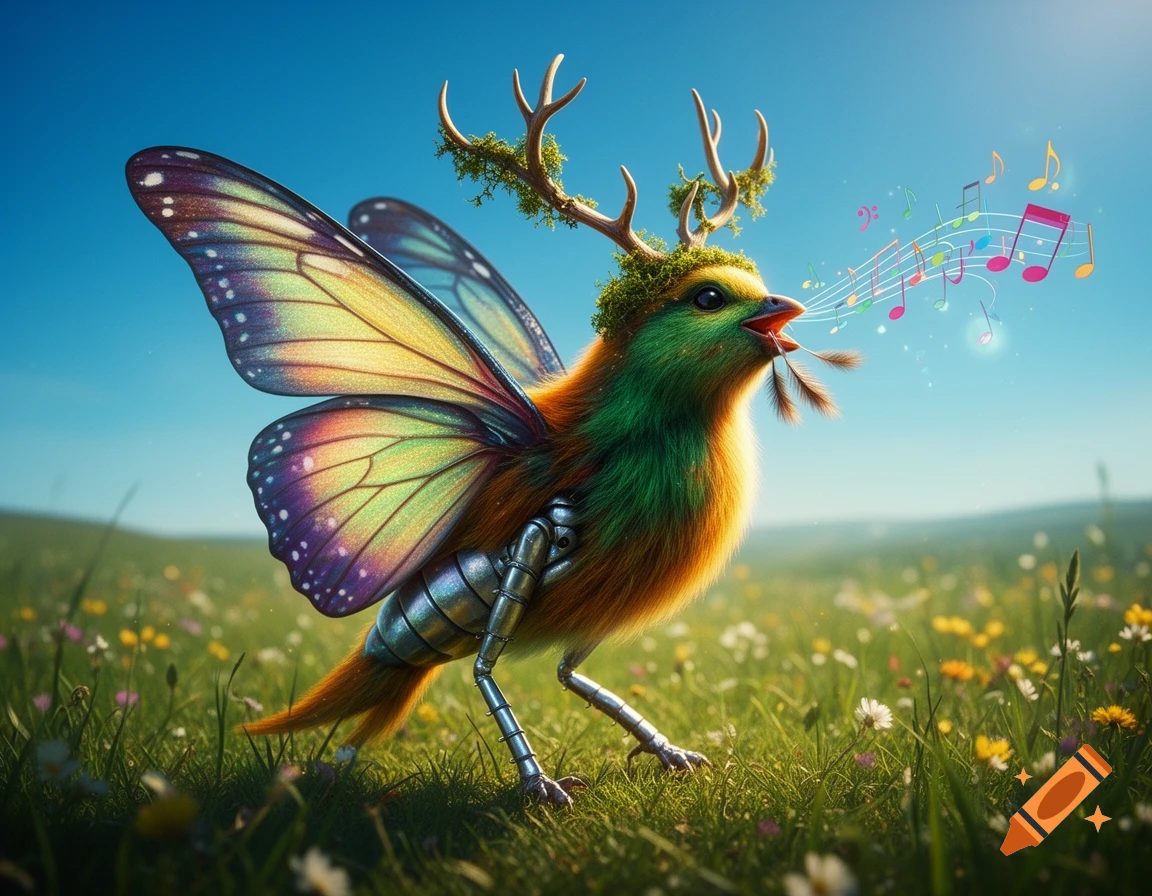 A vibrant green and orange fantasy bird with iridescent butterfly wings, mossy deer antlers, and mechanical legs sings musical notes in a sunny meadow.