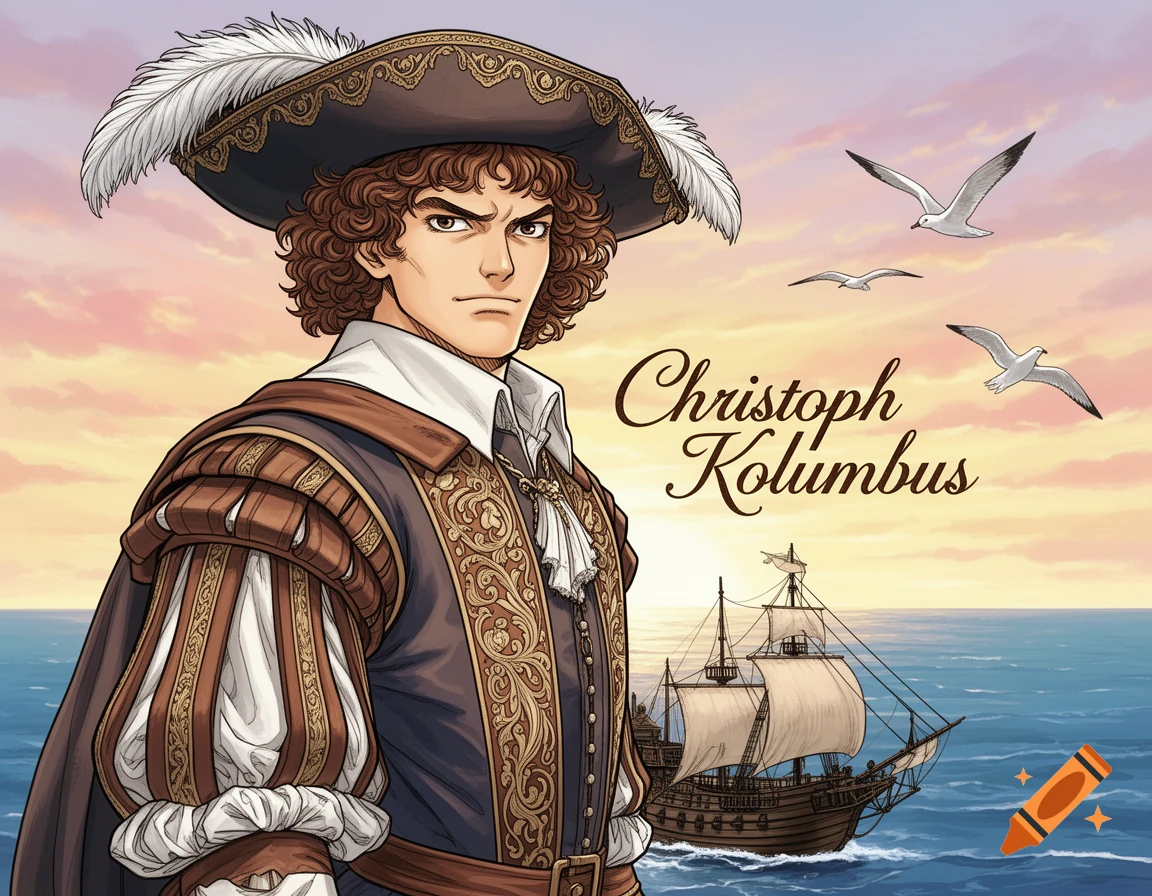 Manga-style portrait of Christoph Kolumbus in historical attire, with a ship and seagulls at sunset.