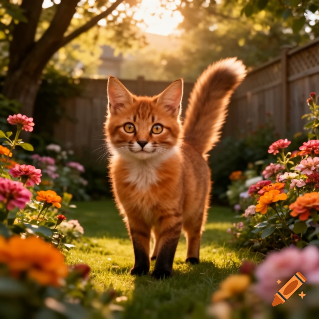 A cute orange-furred, cat-like animal with golden eyes stands in a sunny garden among colorful flowers.