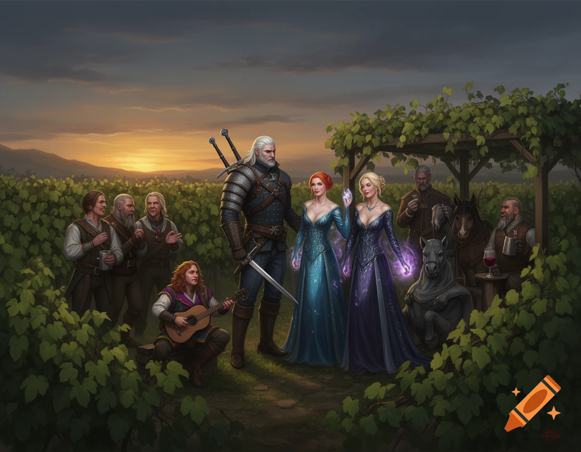 Fantasy characters, including Geralt, Yennefer, and Triss, in a vineyard at sunset. One plays a lute, others drink, some with magic.
