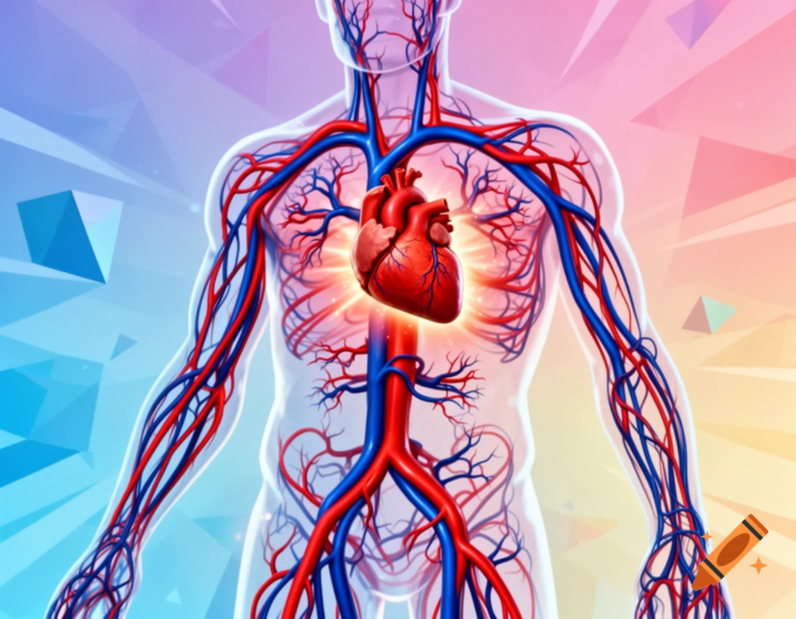 Stylized illustration of the human circulatory system with a glowing red heart at the center, against a vibrant abstract background.