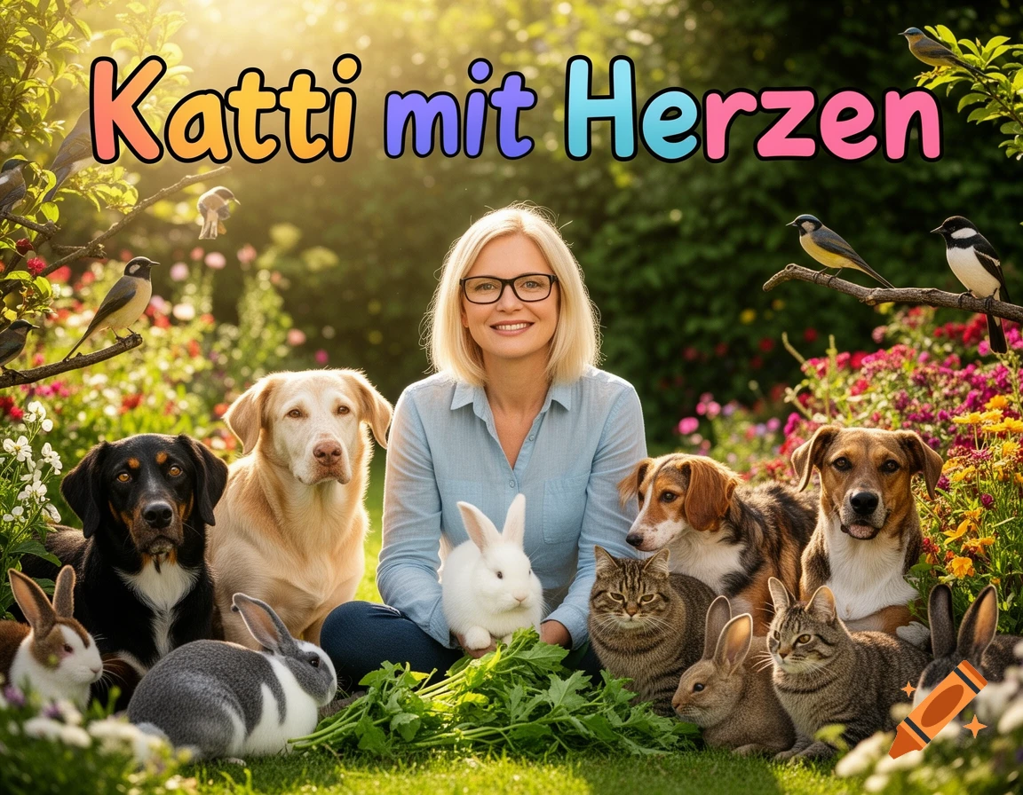 A smiling blonde woman in glasses sits in a sunny garden, surrounded by dogs, cats, rabbits, and birds. Text above reads 'Katti mit Herzen'.
