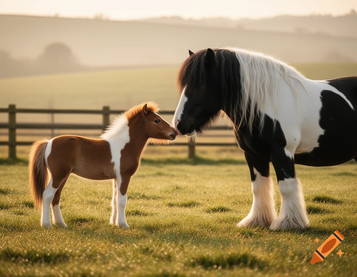 A small brown and white pony touches noses with a large black and white horse in a sunny, grassy field.