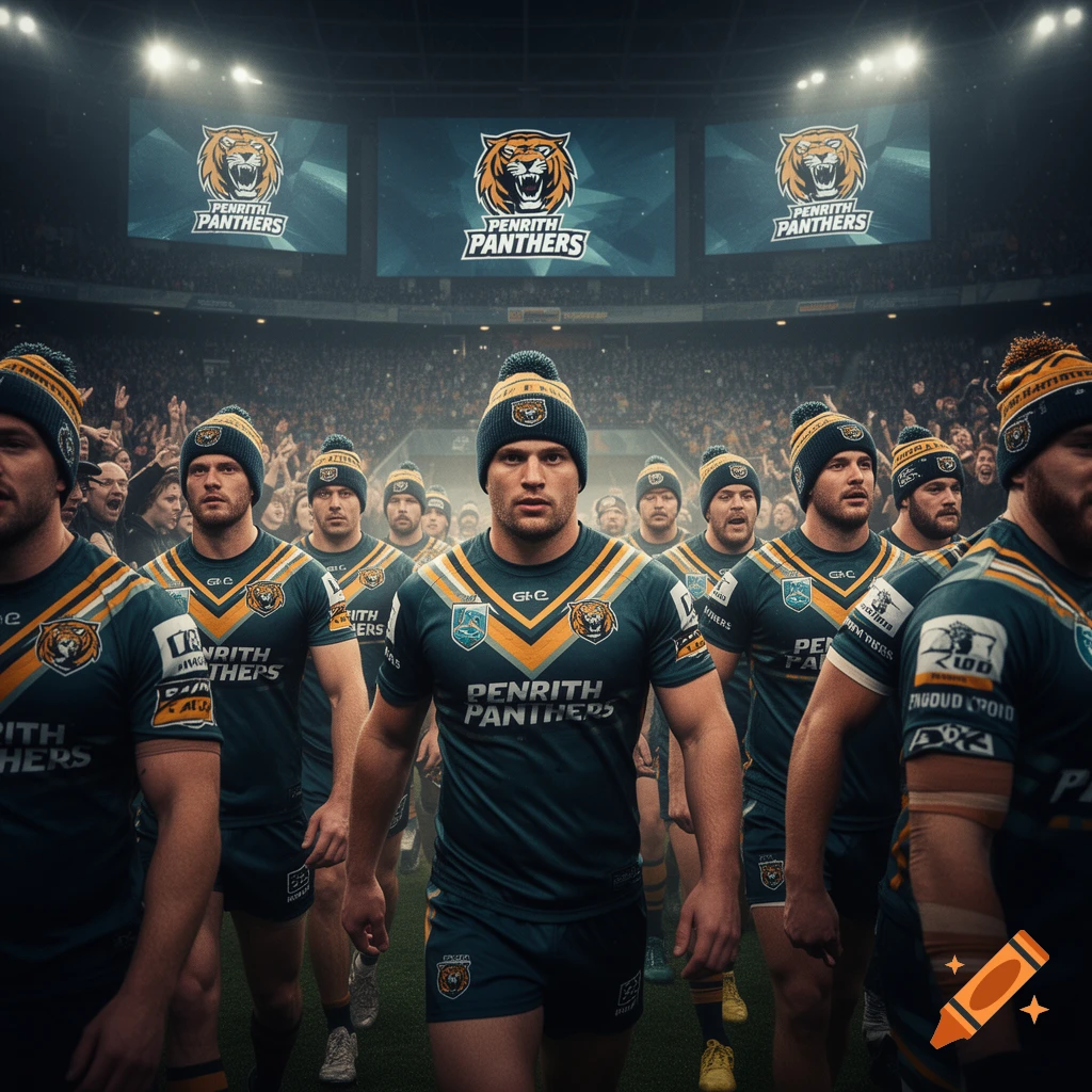 A lineup of male rugby players in dark green and yellow uniforms and beanies, walking out onto a stadium field under bright lights with screens displaying the 'Penrith Panthers' logo in the background.