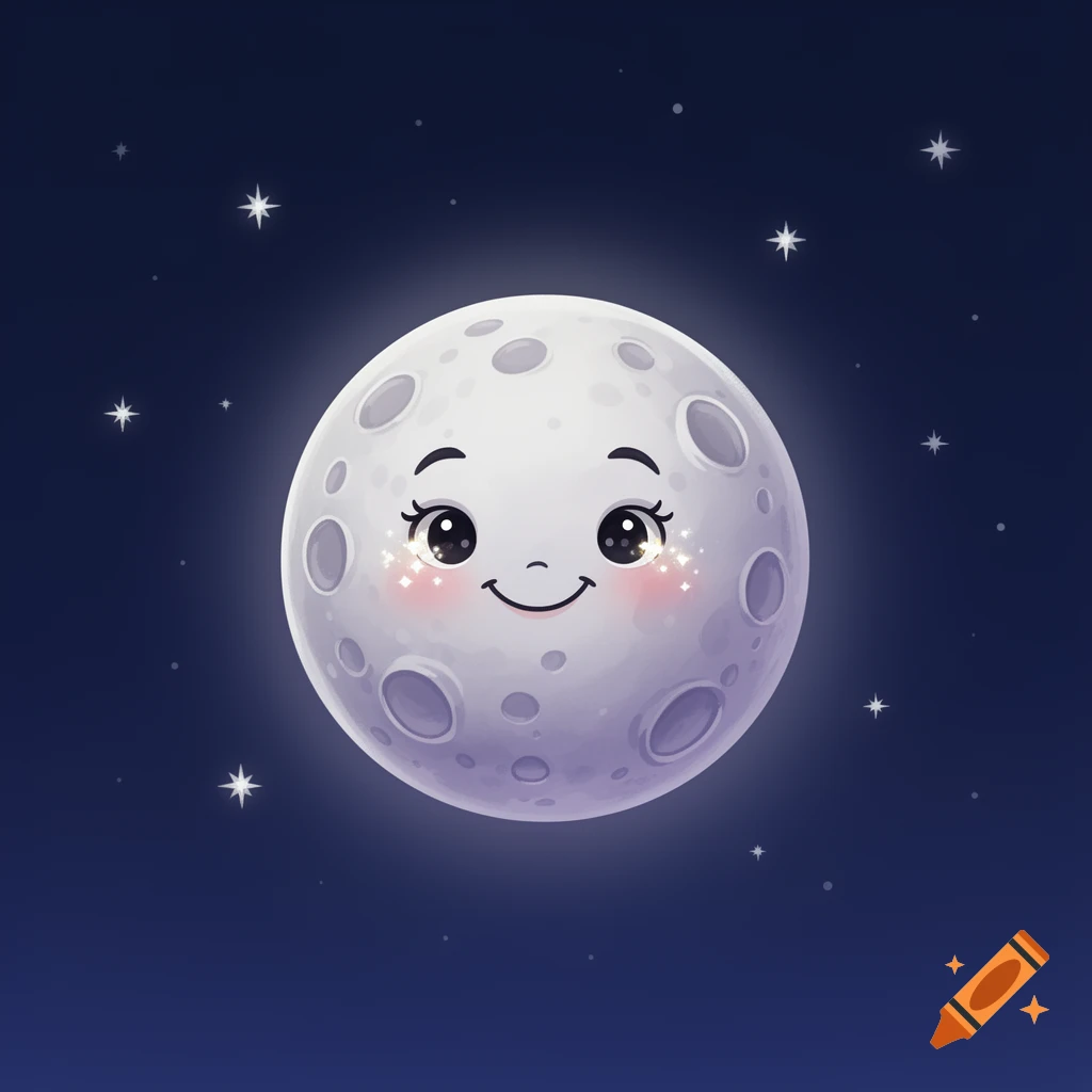 A cute cartoon moon with a smiling face, rosy cheeks, and sparkling eyes, against a dark blue starry sky.