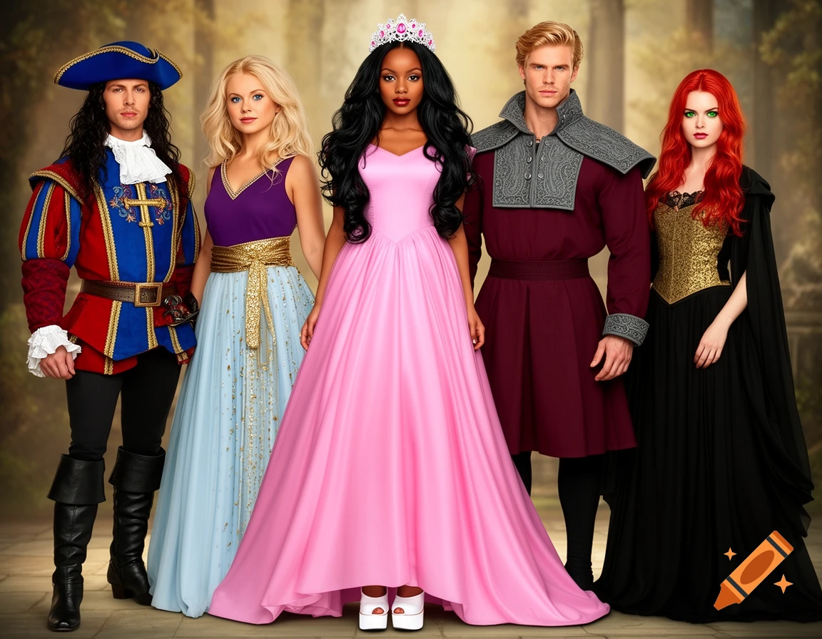 Five characters in fantasy costumes stand together: a musketeer, a genie, a princess, a prince, and a witch.