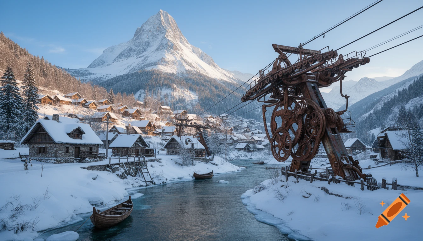 A snowy mountain village by a river with boats, featuring a large rusty steampunk ski lift under a bright blue sky.