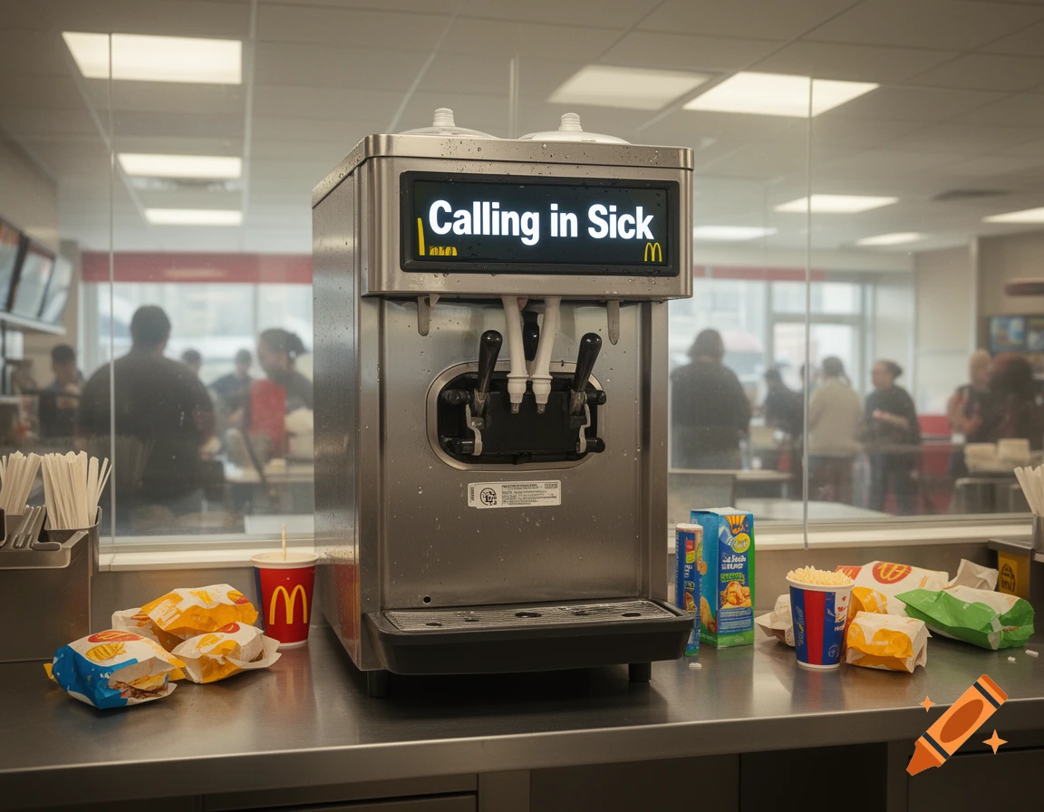Photorealistic image of a McDonald's ice cream machine displaying 'Calling in Sick' on its screen, with fast food items on a counter.