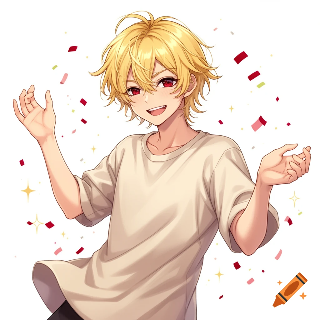 Anime boy with blonde hair and red eyes, wearing a loose t-shirt, smiling with hands up amidst falling confetti.