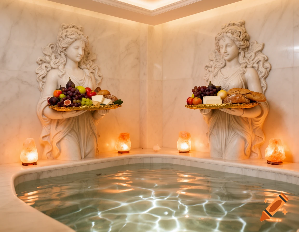 A photorealistic spa bathroom with goddess statues holding platters of fruit and bread above a shimmering tub, illuminated by salt lamps.