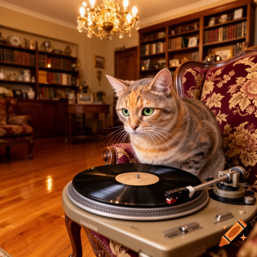 A photorealistic cat with green eyes sits on an ornate armchair next to a record player with a vinyl record in a luxurious room.