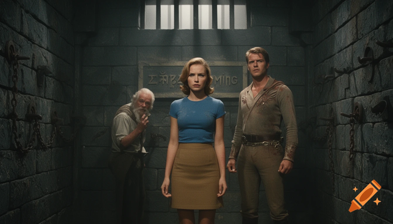 Dale Arden, Flash Gordon, and Dr. Zarkov are imprisoned in a stone dungeon on the planet Mongo, with "MING" carved into the wall.