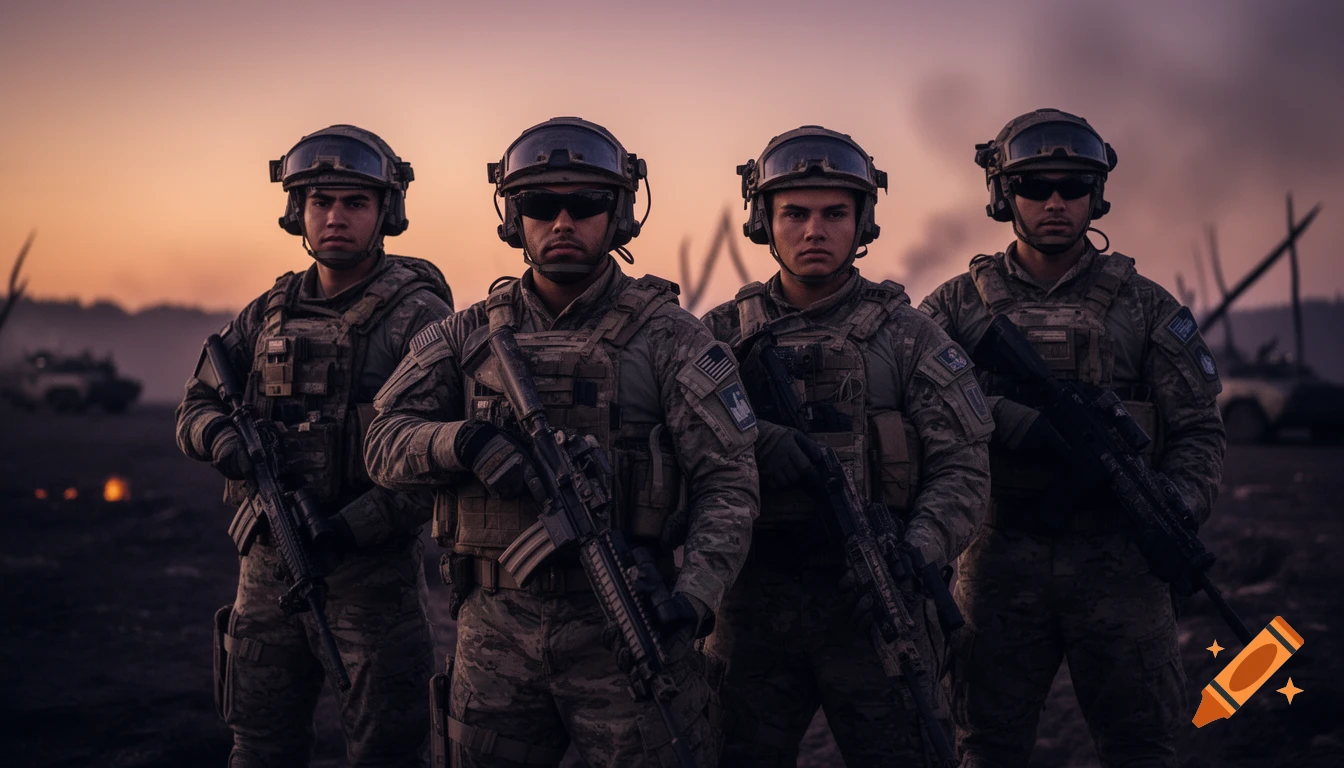 Four soldiers in tactical gear and helmets with rifles stand on a battlefield at dusk, realistic style.