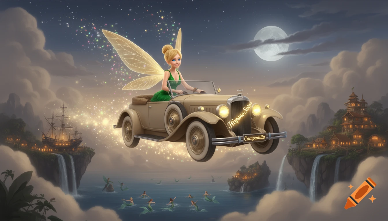 A smiling fairy in a green dress flies a beige vintage car over a magical ocean with mermaids, floating islands, and a pirate ship under a full moon.