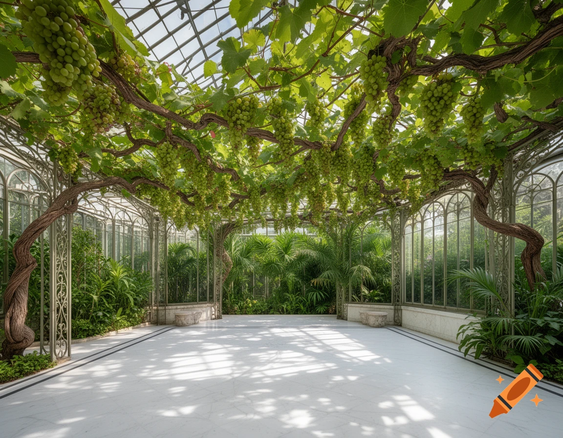 A grand glass conservatory with green grapevines hanging from the ceiling and tropical plants around a white marble floor.