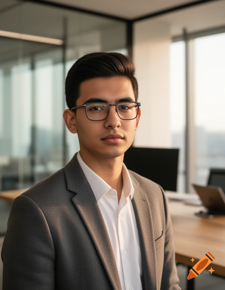Professional portrait of a young man with dark hair and glasses, wearing a gray blazer, in a modern office.