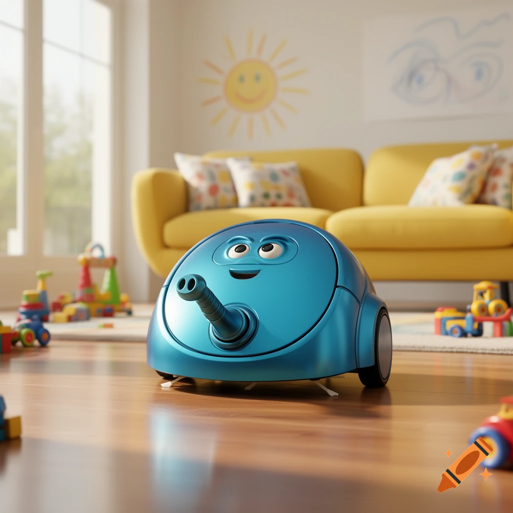 A cute, blue, anthropomorphic vacuum cleaner with a face stands on a wooden floor in a brightly lit child's room with toys and a yellow sofa.
