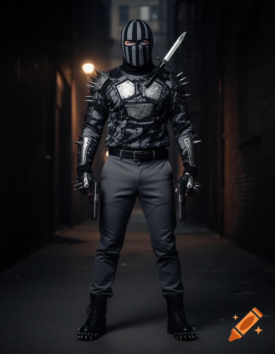 A masked figure in a spiked black and gray outfit with armor and gloves, holding two guns, stands in a dark urban alley.