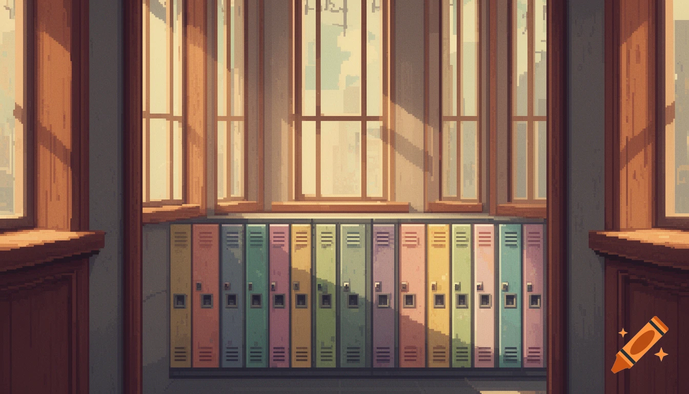 A pixel art school hallway with rows of colorful lockers bathed in sunlight from tall windows.