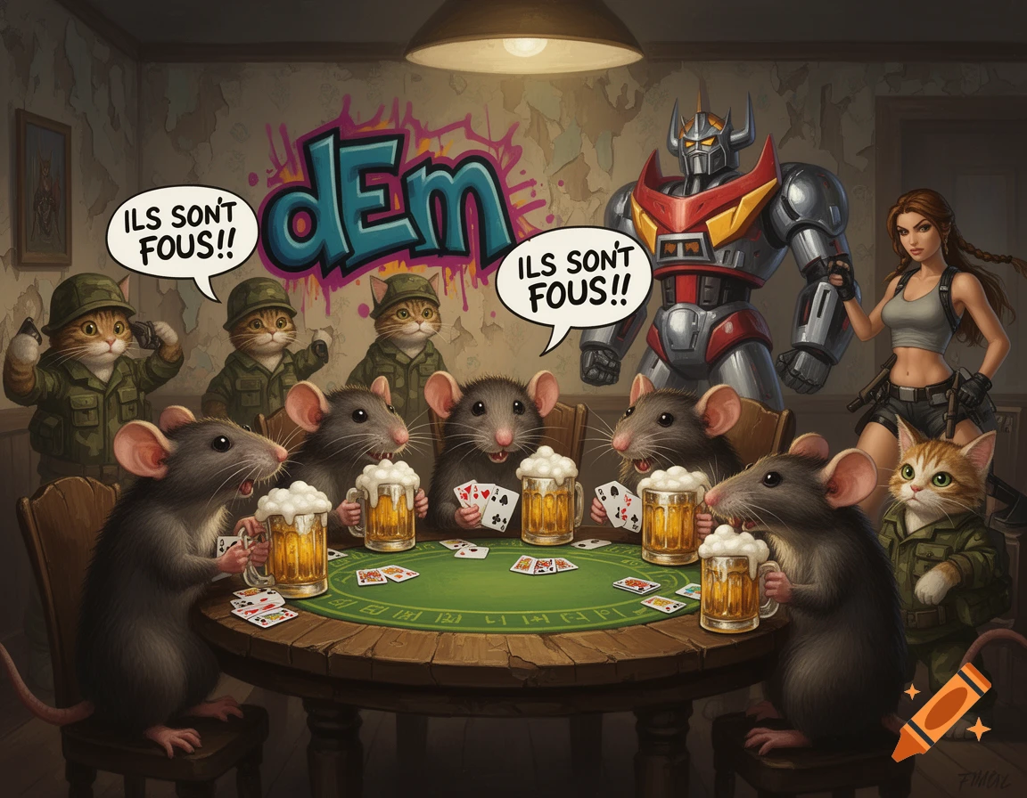 Cartoon rats play poker, drinking beer, while soldier cats, Lara Croft, and a robot observe in a room with "dEm" graffiti.