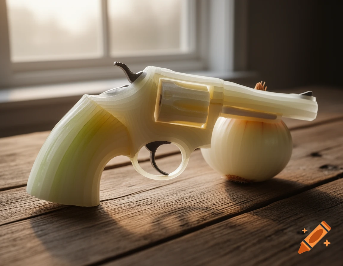 Photorealistic revolver crafted from a large onion, resting on a wooden table with soft window light in the background.