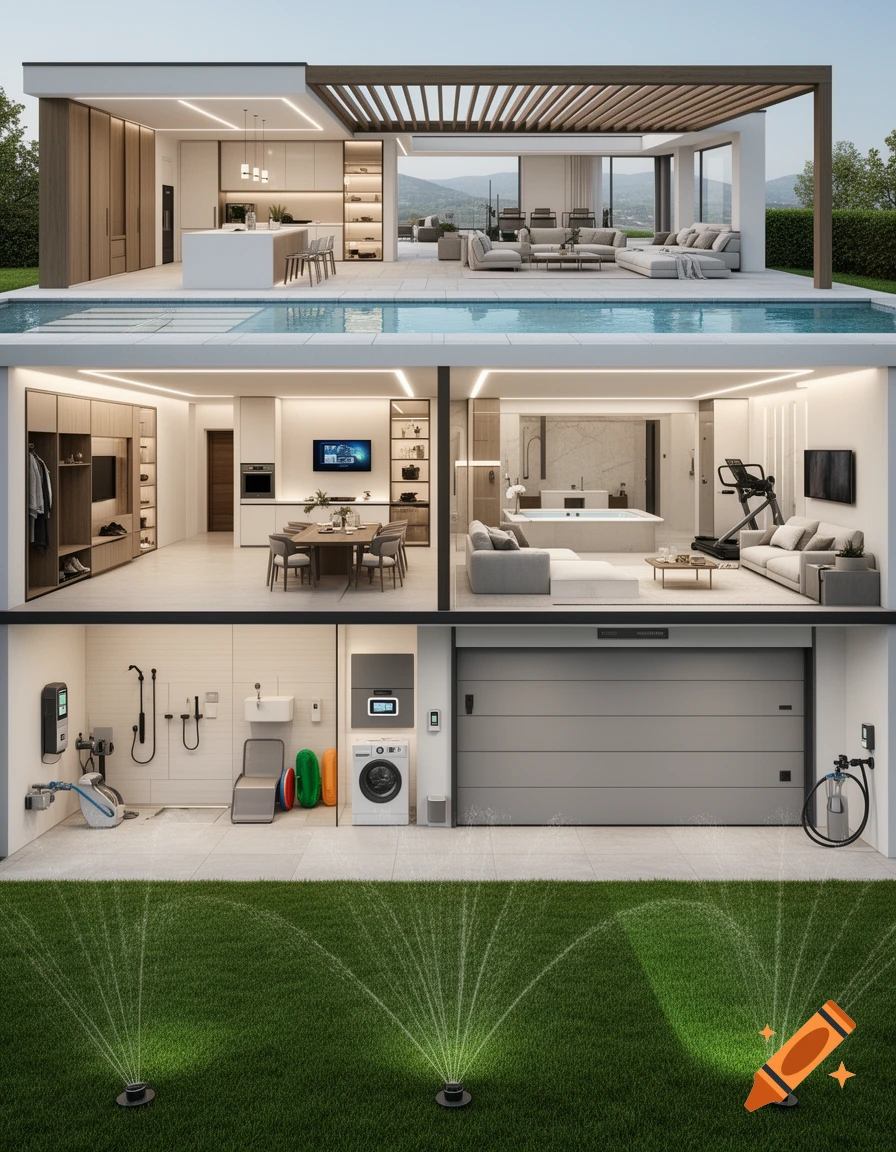Architectural cutaway of a luxurious modern home with a pool, open-plan living, garage, laundry, and a lawn with sprinklers.