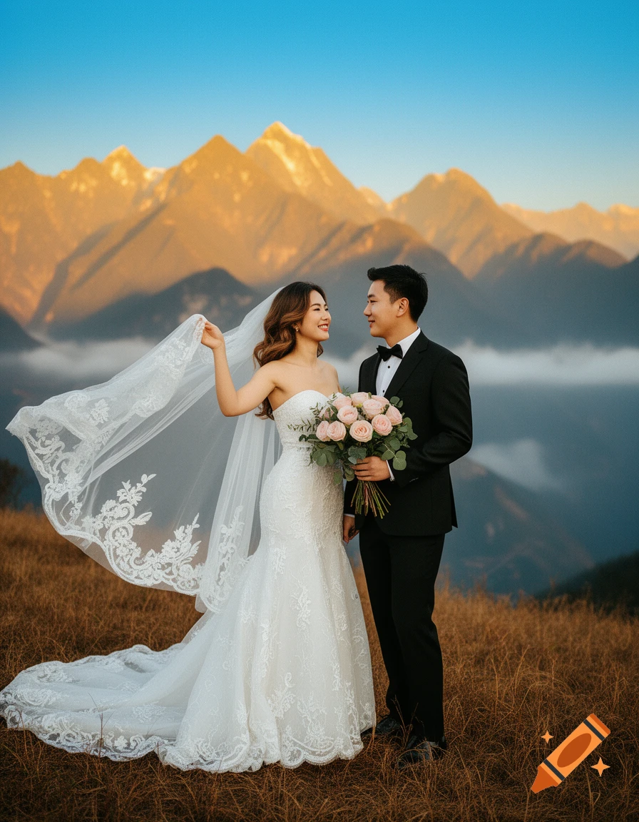 Photorealistic wedding portrait of a couple on a mountain, golden peaks, and misty clouds in the background. The bride holds a pink rose bouquet, adjusting her flowing veil as she smiles at the groom.