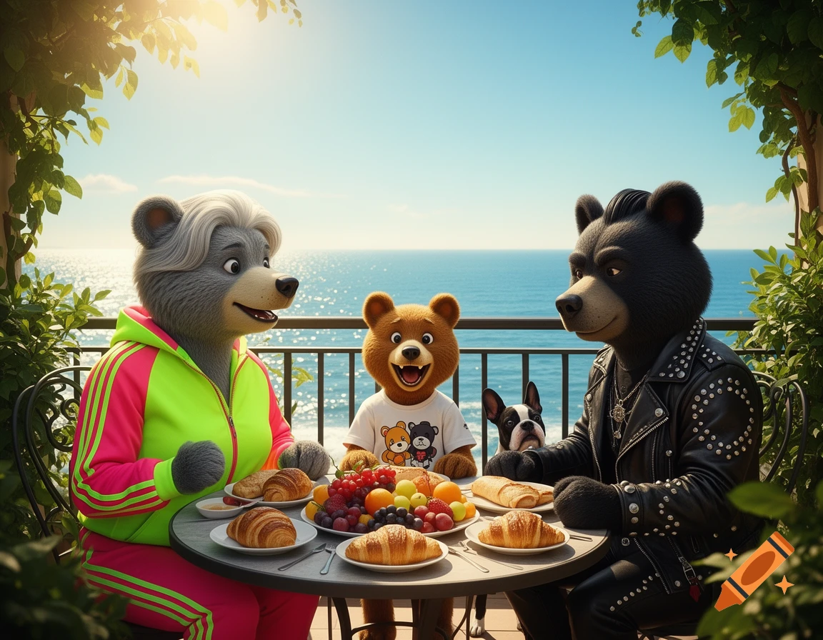 Anthropomorphic bears and a Boston Terrier enjoy breakfast on a sunny balcony overlooking the ocean.