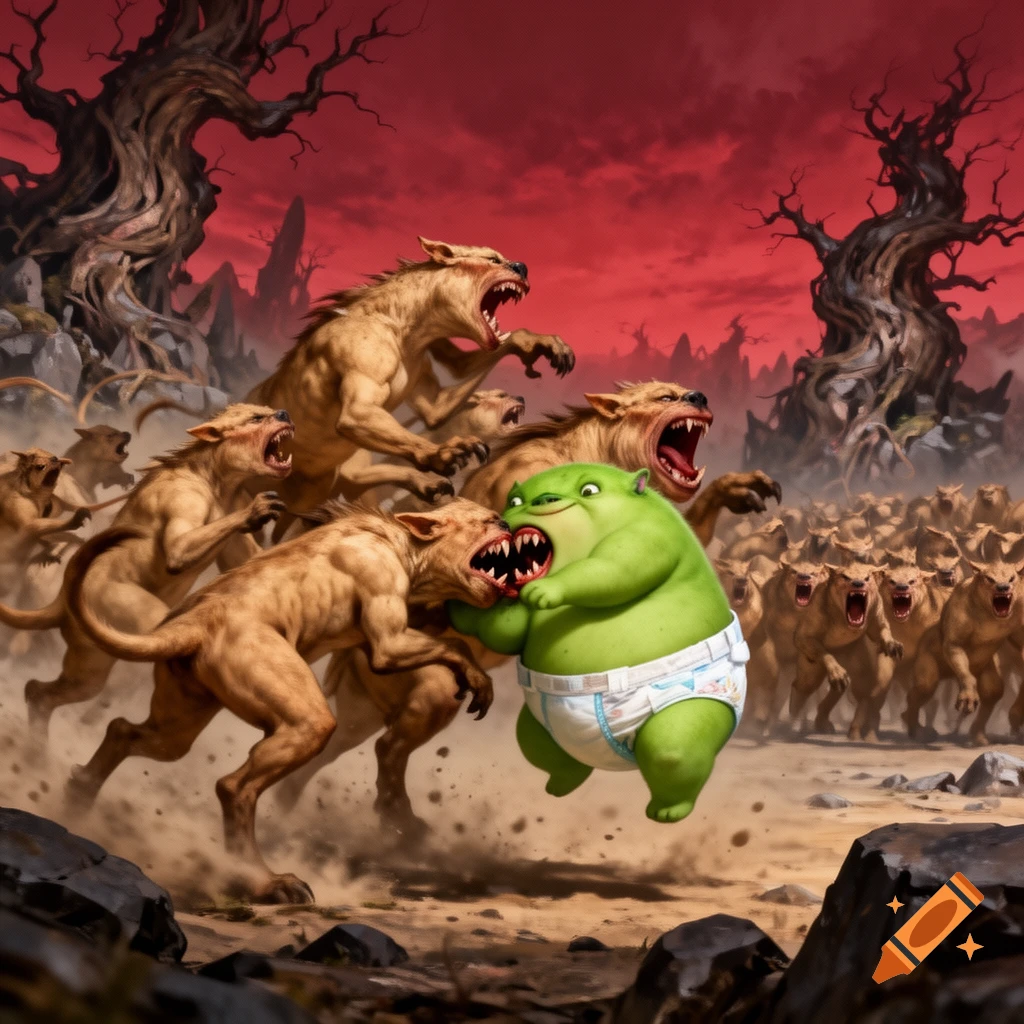 A green chubby monster in a diaper bites a light brown beast amidst a chaotic fight with many other monsters under a red sky.
