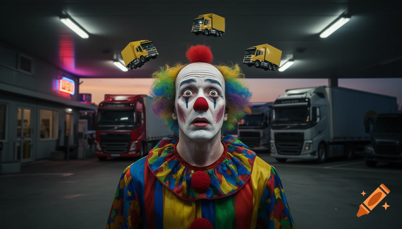 A photorealistic image of a dazed clown with miniature yellow semi-trucks orbiting his head at a twilight truckstop.
