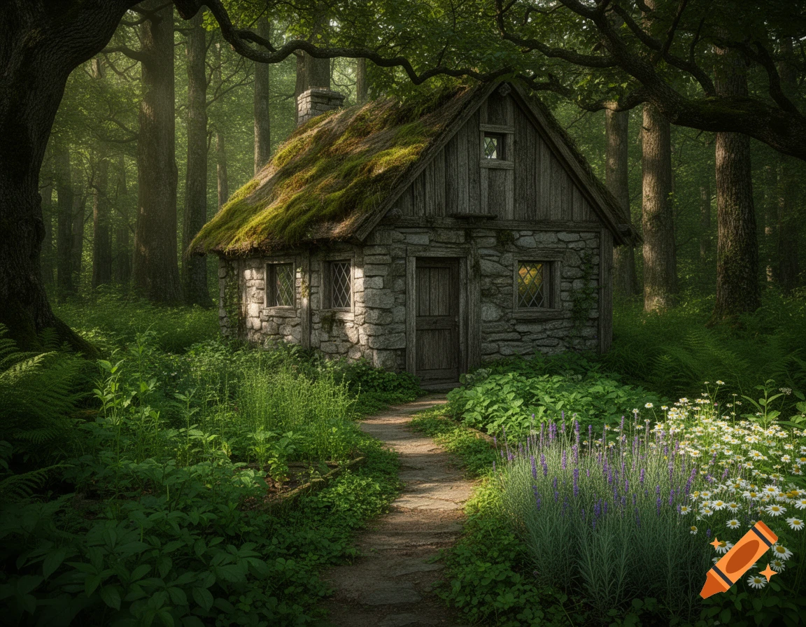 Photorealistic image of a mossy stone cottage with a thatched roof, nestled in a lush green forest with a winding dirt path and blooming flowers.