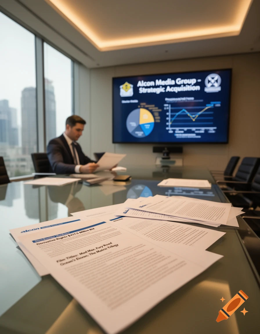 A man sits at a modern conference table with documents in the foreground and a large screen displaying business graphs and text in the background.