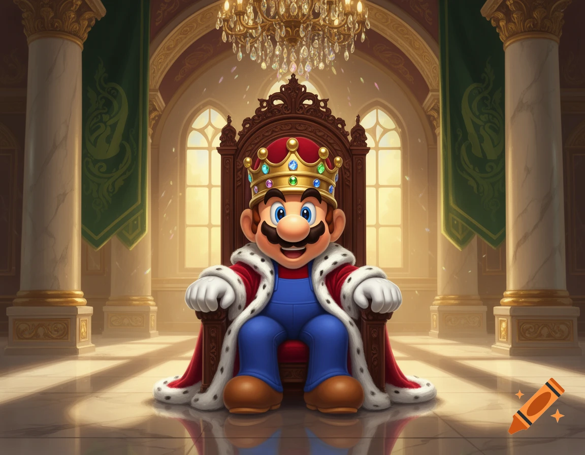 Mario, dressed as a king with a crown and royal robes, sits regally on an ornate throne in a lavish golden throne room.