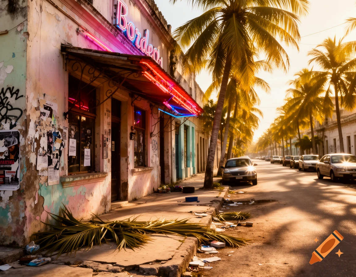 A sunlit street with a neon-lit building, palm trees, and parked cars, suggesting a tropical or old city scene.