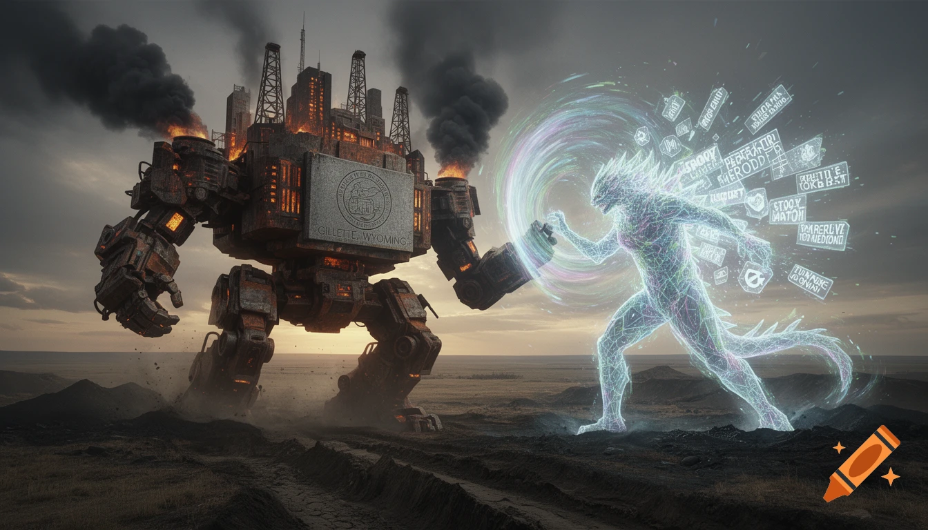 A colossal diesel-punk Mecha-Titan representing Gillette, Wyoming, battles an ethereal Kaiju of glowing, abstract symbols and fractals on a vast plain.
