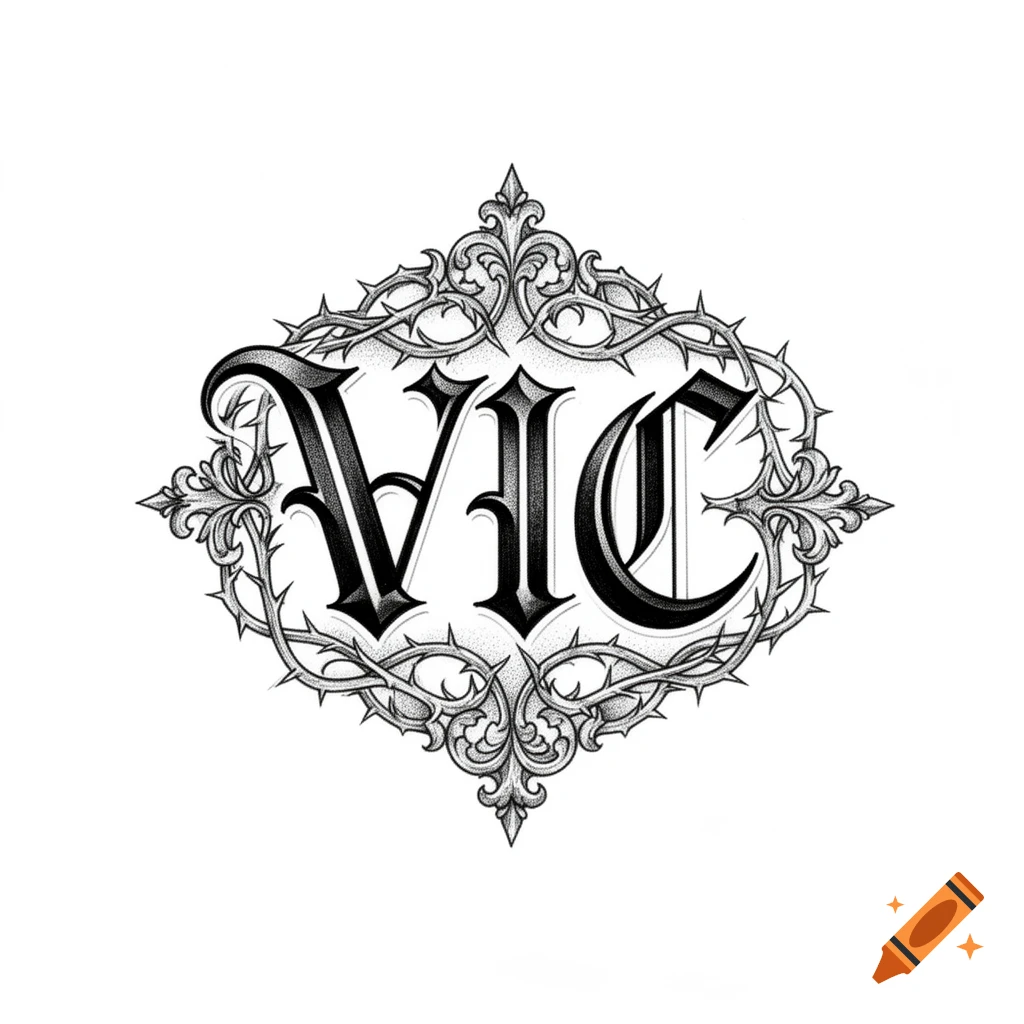 Stylized gothic letters VIC with thorny vines and ornate scrollwork in a black and white tattoo design.