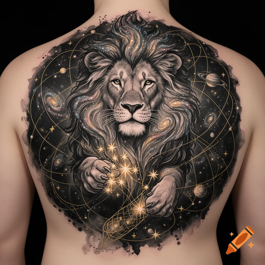 Detailed tattoo of a cosmic lion with a mane of galaxies and stars, holding sparkling stars, on a person's back.