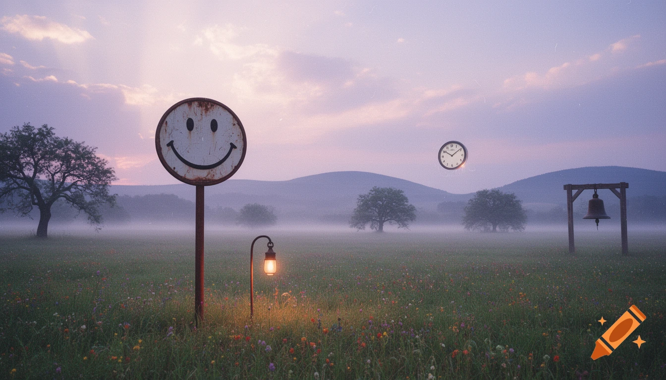 A dreamy, misty meadow at dusk with a rusty smiley face sign, a glowing lamp, a floating clock, and a bell on a wooden frame.
