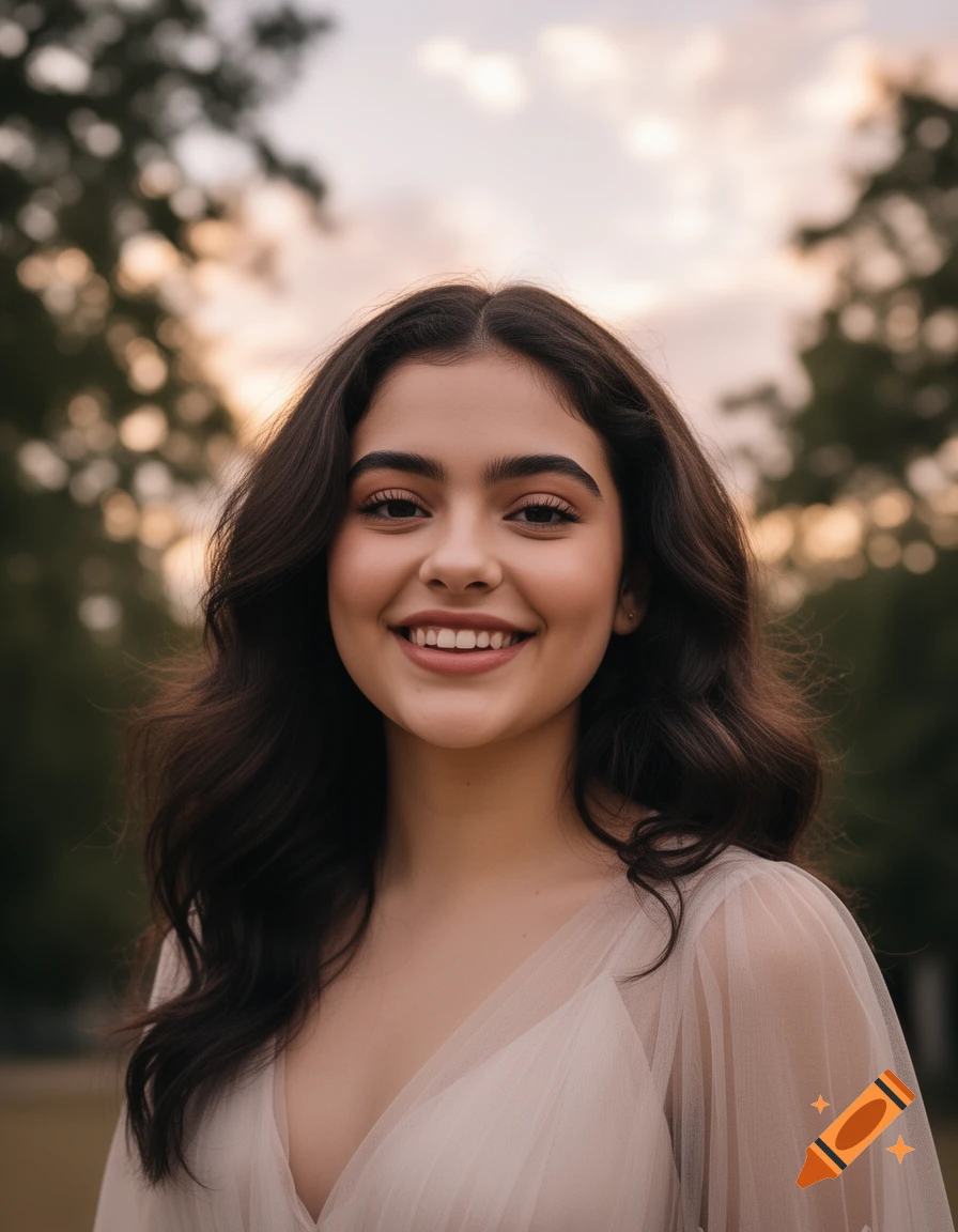 A smiling young woman with long dark hair and dark eyes wears a sheer light-colored dress outdoors at sunset.