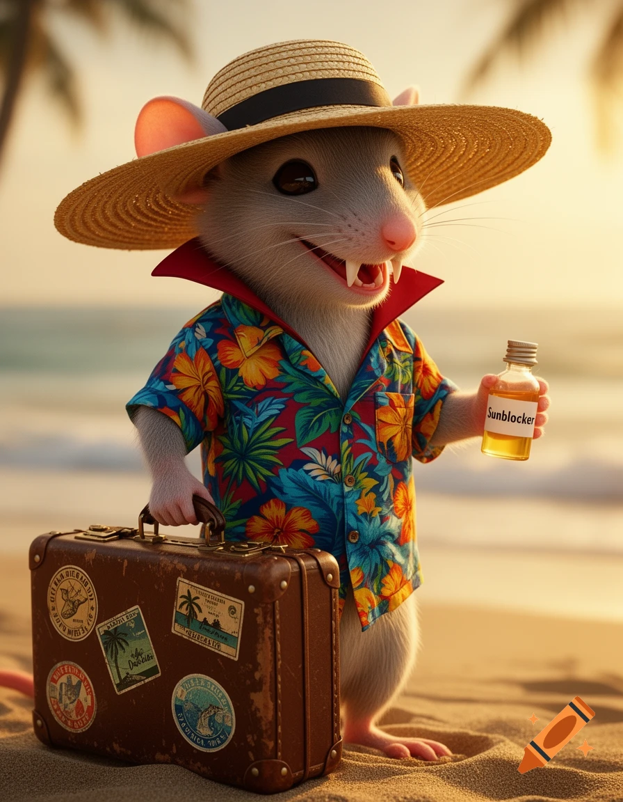 A cute mouse-Dracula hybrid in a Hawaiian shirt and straw hat, holding a "Sunblocker" bottle and a suitcase on a sunny beach.