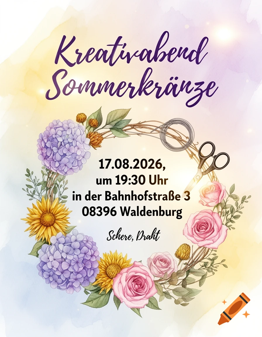 Watercolor flyer for 'Kreativabend Sommerkränze' with purple hydrangeas, pink roses, yellow sunflowers, scissors, and wire.