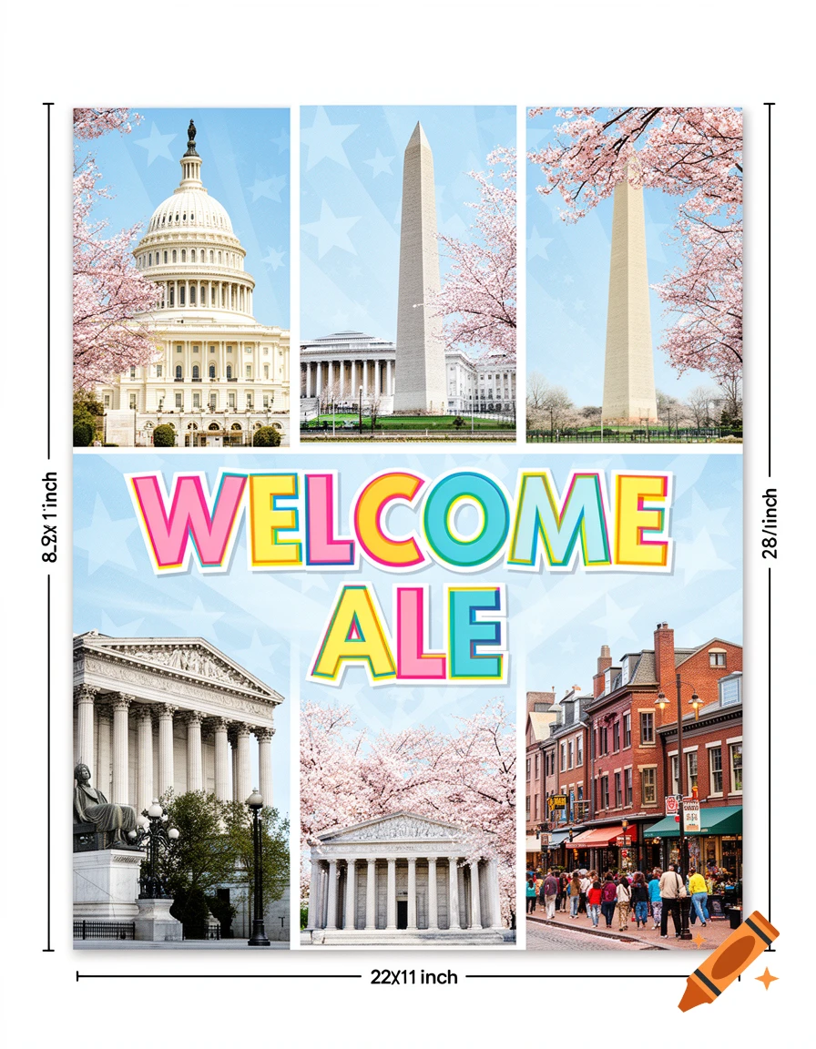 A vibrant welcome poster for Ale with 'WELCOME ALE' text, featuring a collage of Washington D.C. landmarks and cherry blossoms.