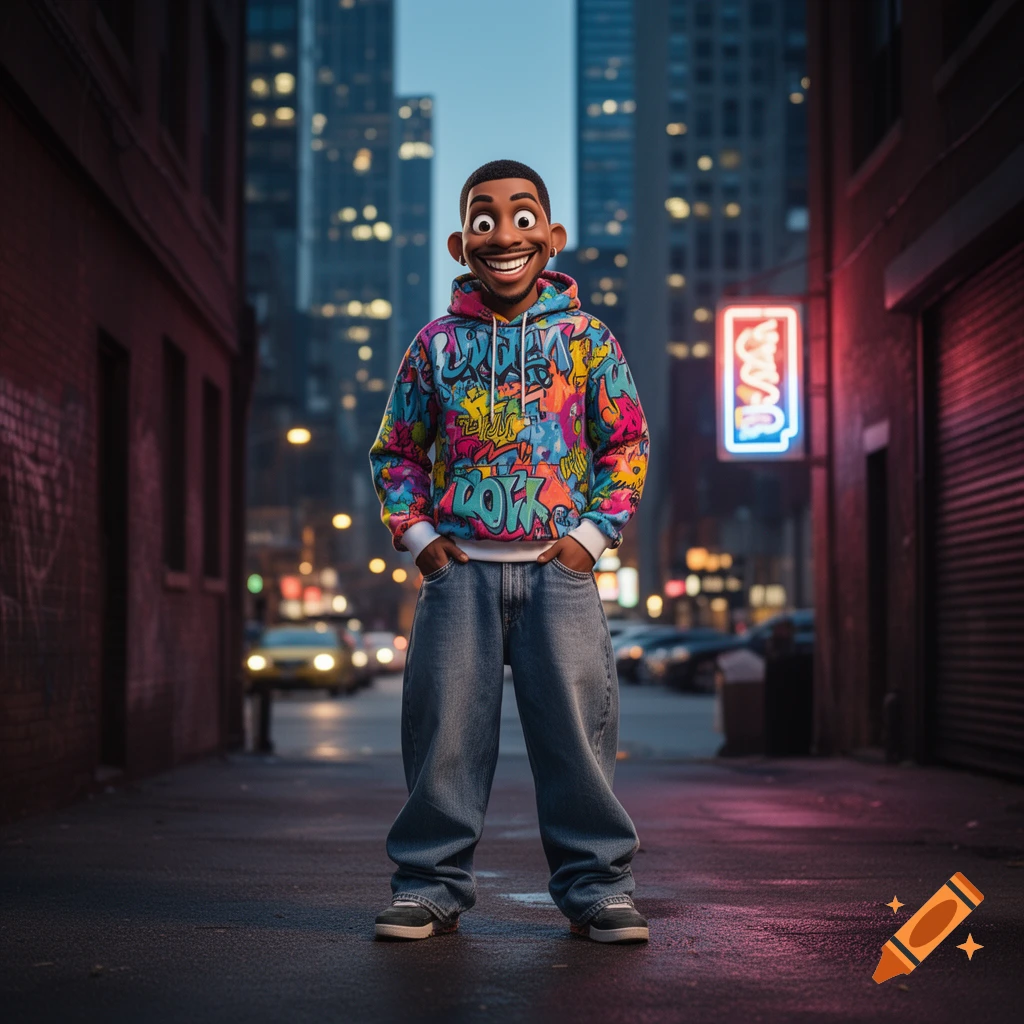A smiling cartoon man with big eyes wears a colorful graffiti-patterned hoodie and baggy jeans in a city alley at night.