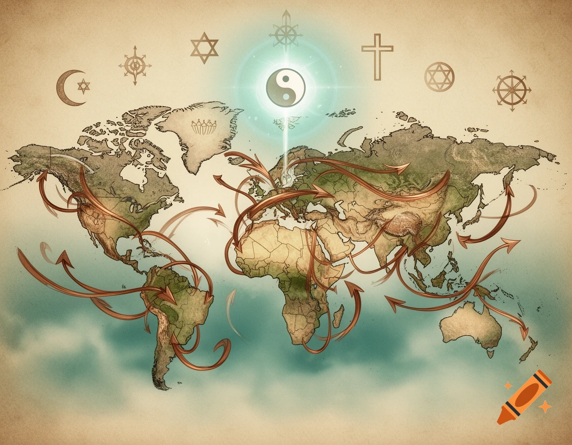 Vintage-style world map with red arrows indicating global movement, centered with a glowing Yin and Yang symbol, and surrounded by other religious symbols like the Star of David, Christian cross, and Islamic crescent.