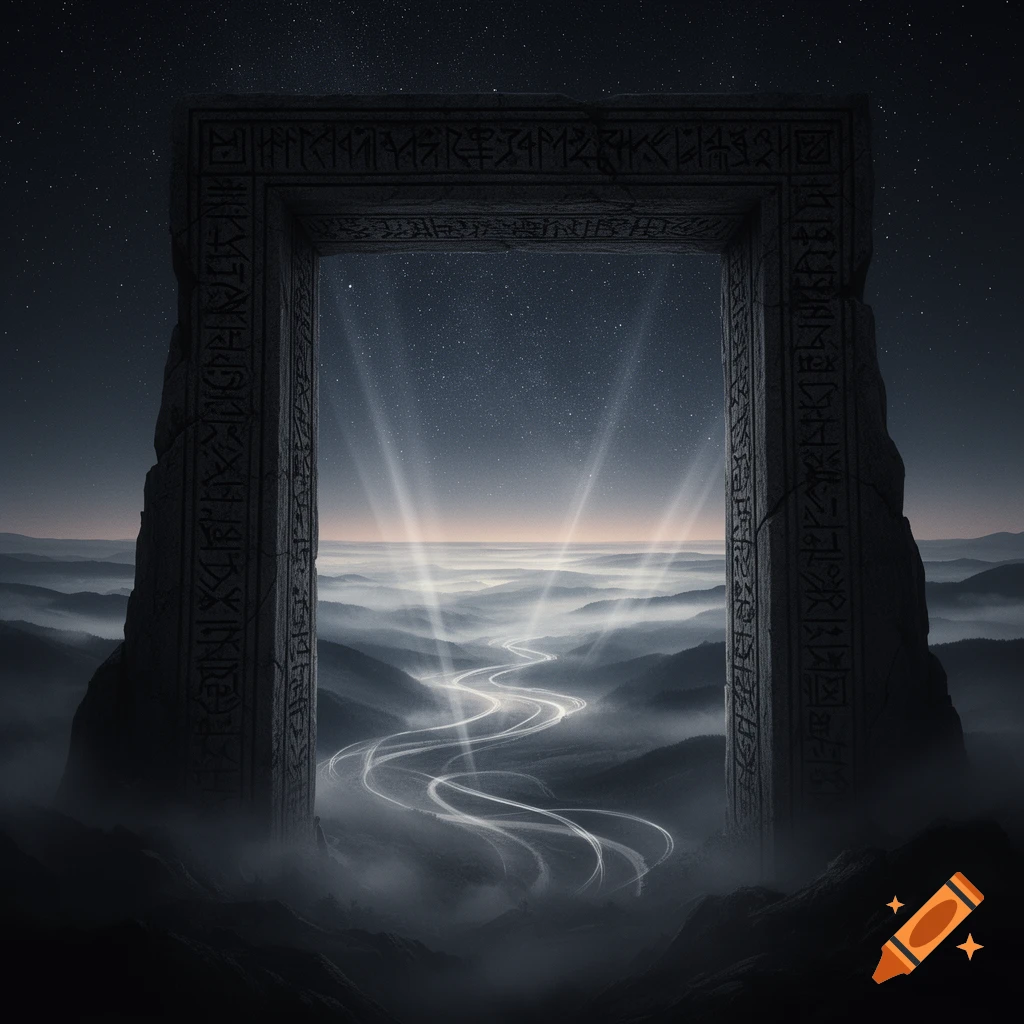 A colossal, carved stone gateway stands against a starry twilight sky, opening to a vast, misty valley with ethereal light beams.