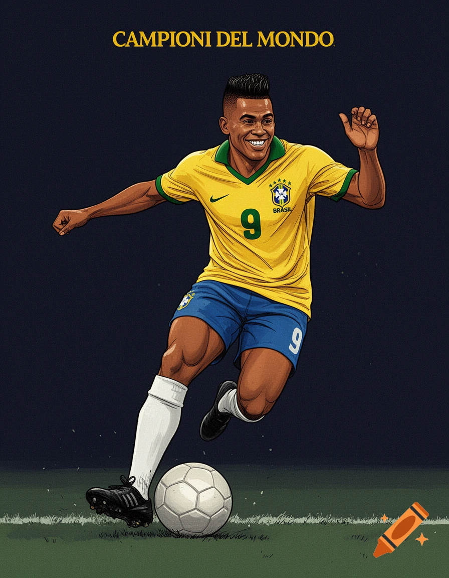An illustration of a muscular Brazilian football player in a yellow jersey and blue shorts, dribbling a ball on a green field. Text reads "CAMPIONI DEL MONDO" at the top.