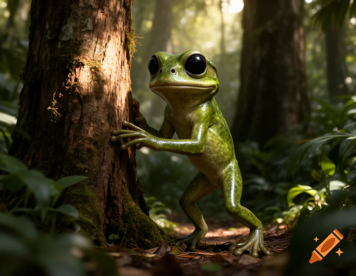 A photorealistic green frog-like creature with large black eyes stands on its hind legs, holding a tree trunk in a sun-dappled jungle.