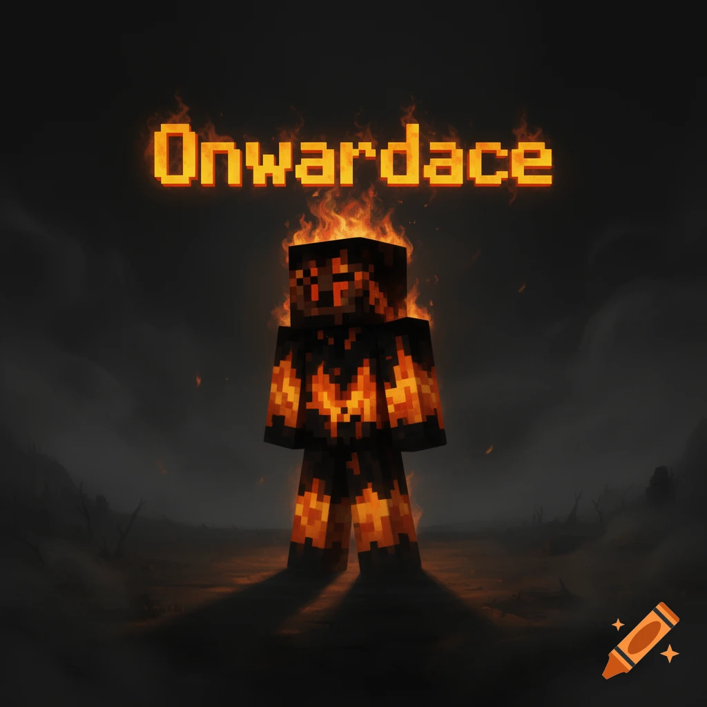 A pixelated Minecraft character made of glowing fire stands in a dark, smoky landscape. The name Onwardace appears above.